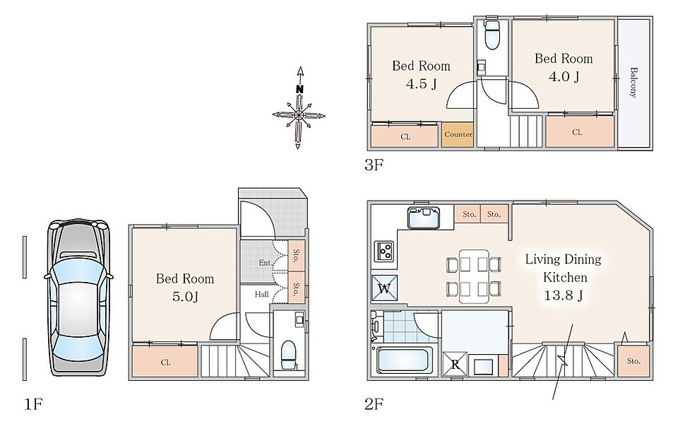 【間取図】全居室収納をはじめ、室内カウンター等も配した時代に即した空間設計。