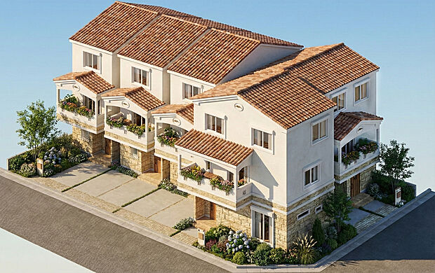 暖色系のスレート屋根と白壁が映える、明るい外観デザイン。全５区画の統一感ある街並みは、内本町の新たなランドマークとなります。屋根はカラーベストを採用しすっきりとした印象。自由設計で理想の家づくりを。