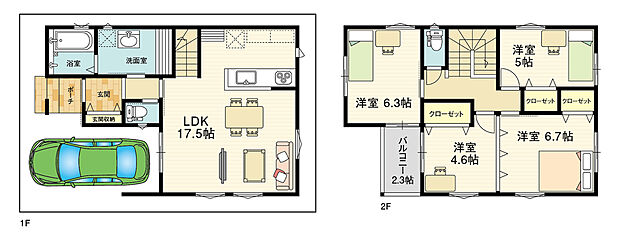 【参考建物プラン】1F:49.82m2 2F:50.44m2 バルコニー:7.64m2
延べ床:100.26m2(30.32坪)
参考建物価格:23,436,800円