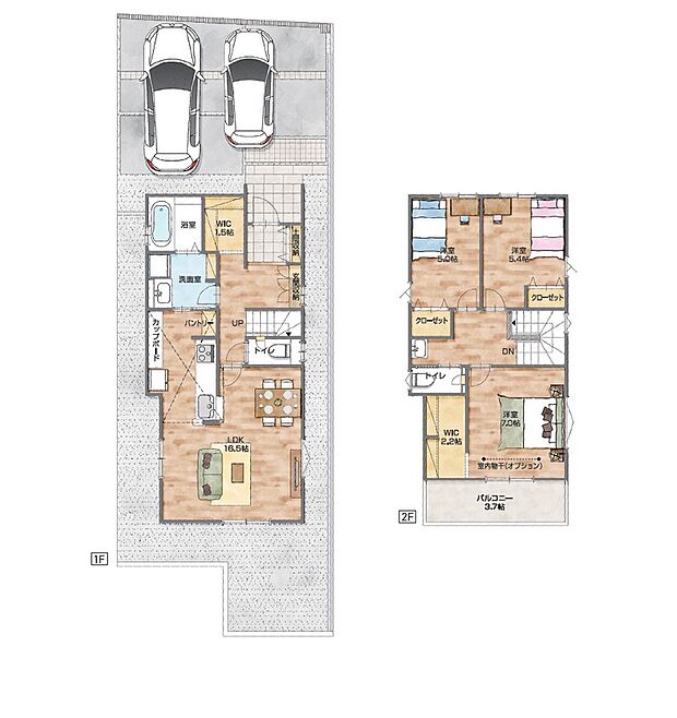 【No.2】間取り図。【乾太くん付き】1階ホールに大容量のファミリークローゼットを設けた住まい。便利な家事動線も魅力です。