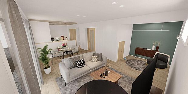 完成予想イメージ　19.2帖の広々LDKにはアクセントクロスを採用しました。