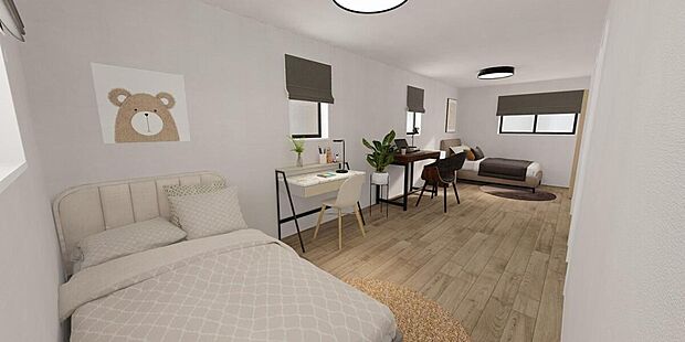 完成予想イメージ　2階洋室は用途に合わせて部屋を区切ることができ、多様なライフスタイルに対応可能です。（※追加工事が必要となります。）