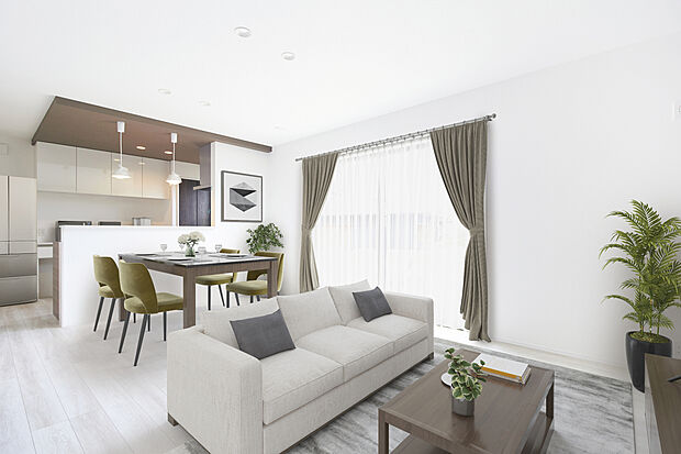 【No.1 LDKイメージ】視線が奥まで通るストレートなLDKは、広々とした開放感が魅力。自然と家族の視線が交わり、安心感と一体感を育む設計です。