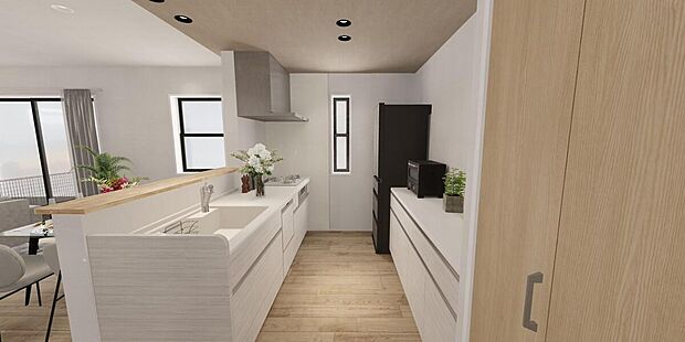 【キッチン】完成予想イメージ　キッチンはカップボード・パントリー付き！ゆとりのある収納で散らかりにくく、掃除のしやすさにもつながります。