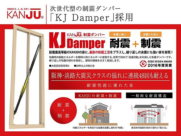 【【次世代型制振ダンパー採用】】KANJUの強い家、耐震性能に優れた家を実現している技術のひとつが次世代型の「制震ダンパー/KJ Damper」です。産学協働の研究成果によって開発されたこの耐震・制震技術は、地震による建物の揺れを大きく低減し、しかも繰り返しの地震でも性能を低下させません。