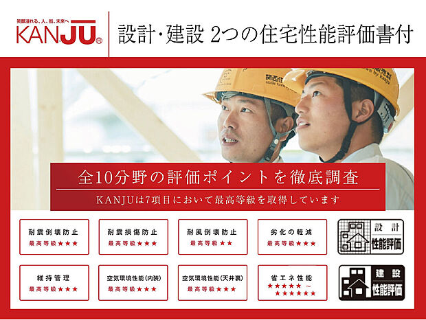 【【設計・建設 2つの住宅性能評価書付】】家の設計と建設、そのどちらにも性能評価書が発行されます。国の認定した第三者機関が全部で10分野ものポイントを徹底検査。KANJUは7項目において最高等級を取得しています。安心して住むことができ、資産価値の維持にも役立ちます。