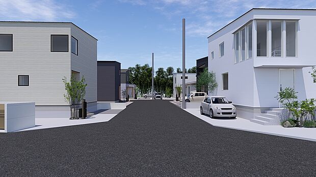 街並みイメージパース。まるで全棟注文住宅のような街並みです。
