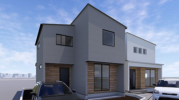 【1号棟・2号棟】シンプルな外壁と木目アクセントで、温もりのある佇まい。