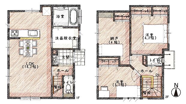 適所に機能的な収納を備えた2SLDKの間取り!カースペース1台分有り(車種による)。