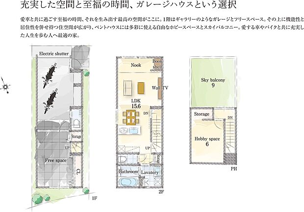 【1SLDK　ビルトインガレージ】愛車と共に過ごす至福の時間、それを生み出す最高の空間がここに。１階はギャラリーのようなガレージとフリースペース、その上に機能性と居住性を併せ持つ住空間が広がり、ペントハウスには多彩に使える自由なホビースペースとスカイバルコニー。愛する車やバイクと共に充実した人生を歩む人へ最適の家。
