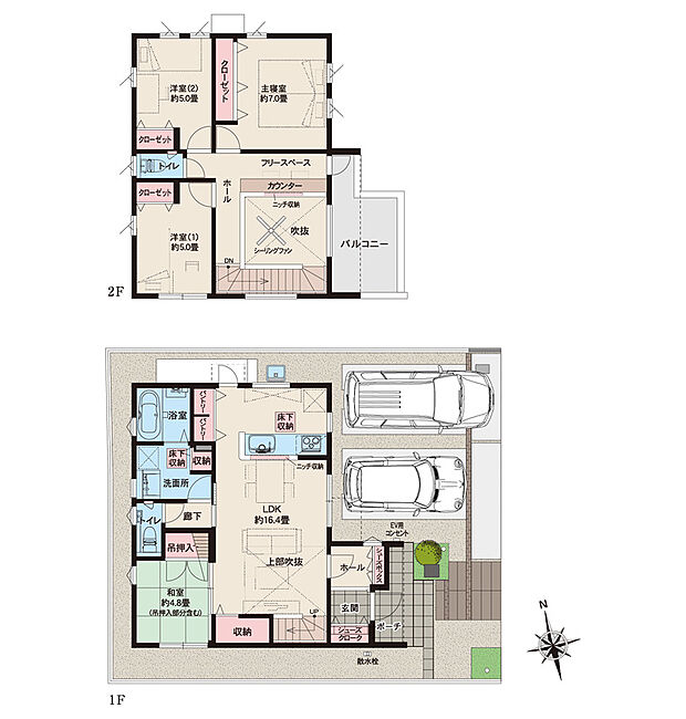 【4LDK+フリースペース】●掲載の間取り図面・設備仕様は開発段階のもので、設計・施工上の都合により変更する場合があります。
●方位記号は若干誤差があります。正確な方位については設計図書でご確認ください。
●外構の石やタイルなどは、おおよその施工範囲を示したものです。