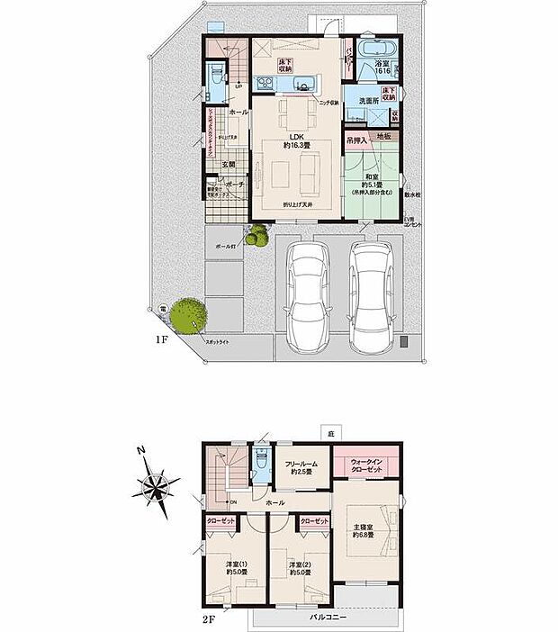 【4LDK+フリールーム+ウォークインクローゼット】●掲載の間取り図面・設備仕様は開発段階のもので、設計・施工上の都合により変更する場合があります。
●方位記号は若干誤差があります。正確な方位については設計図書でご確認ください。
●外構の石やタイルなどは、おおよその施工範囲を示したものです。
