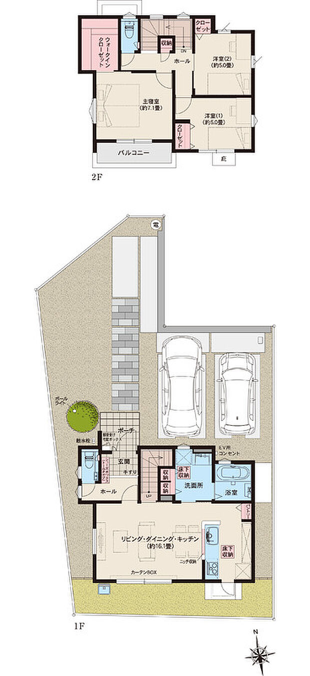 【3LDK+ウォークインクローゼット】●掲載の間取り図は計画段階の図面を基に描き起こしたもので実際とは多少異なります。
●施工等の関係で変更になる場合があります。詳しくは施工図等でご確認ください。
●外構の石やタイルなどは、おおよその施工範囲を示したものです。