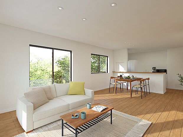 【B号地 3LDK＜参考プラン＞　LDKイメージ】リビングの様子を見ながら料理ができる対面式キッチンスペースは、ご家族とのコミュニケーションが取りやすく後片付けもスムーズです。