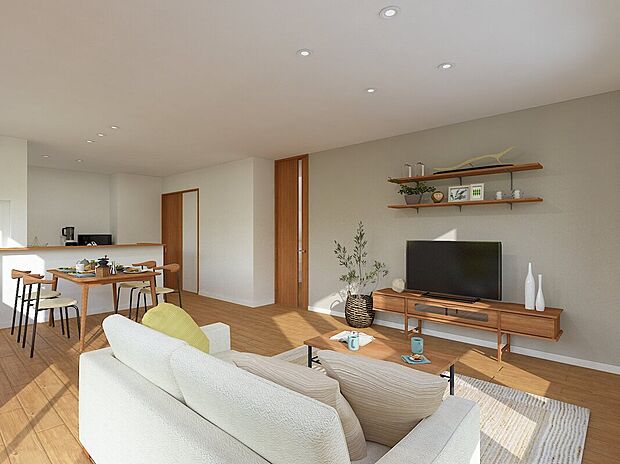 【B号地 3LDK＜参考プラン＞　LDKイメージ】ワイドに広がる穏やかな陽だまりに包まれるLDK。
家族がいつも近い場所に自然に集う空間。