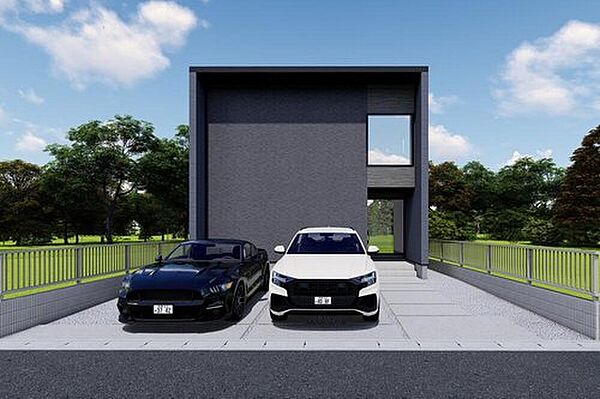 ダークグレーのモダンな外観。並列2台駐車可能で、週末の家族ドライブもスムーズです。