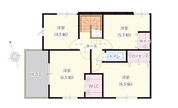 （2階の間取図）主寝室にWICを備えた使い勝手の良い部屋。バルコニーにも面しているため日当たり良好。衣類や荷物をすっきり収納できるので、お部屋の広さを有効活用できます。