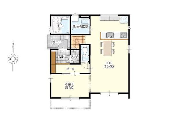 【1階間取り】3089万円、4LDK、土地面積206.21m2、建物面積105.16m2
キッチン横に洗面室を配置し家事もスムーズ。16帖LDKに隣接する洋室はマルチに使える子育て&家事ラクな造り。