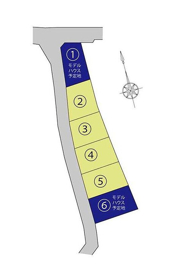 【全体区画図】（6号地）前面道路は舗装もされていて、ベビーカーや自転車で通っても快適に通行できます。

