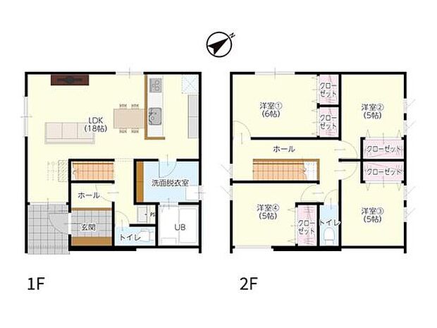 【4LDK】【全室収納付き！2階の4部屋】2階には5帖以上の洋室が4部屋。全室にクローゼットを完備し、子供たちの荷物もすっきり片付きます。一人部屋や書斎など多彩に使えます