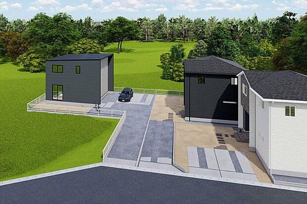【敷地配置】真上からの俯瞰図。各住戸の配置やカースペースのゆとりが一目で分かります。隣地との距離が程よく保たれており、陽当たりや通風も良好な設計です。