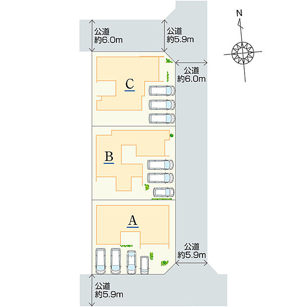 全3棟の新築分譲住宅です。土地面積は66坪以上。5.9m以上の道路に接して、駐車できるスペースが3~4台分。ゆとりをもって車の入出庫ができます。