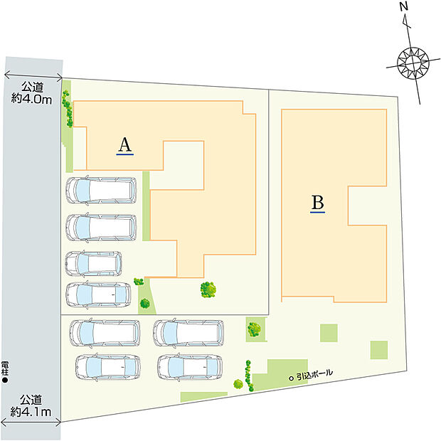 全2棟の分譲住宅です。西側には幅員約4.0～4.1mの公道が接しています。生活動線快適なハイブリッドな「準平屋」の住まいをお届け！生活施設が身近に点在する暮らしやすいロケーションです。