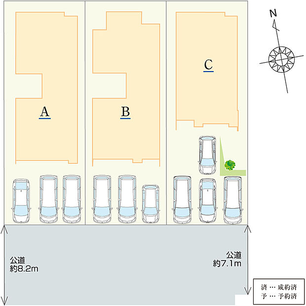 【全体区画図】
全3棟からなる分譲住宅です。A・B棟は並列3台駐車に加えてエサキホームの「準平屋」を採用。C棟は最大4台駐車が可能です。