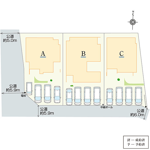 【全体区画図】
三重郡菰野町に誕生！新築分譲住宅のご案内です。広々敷地で駐車並列4台可能！充実したマイカーライフを楽しめます。