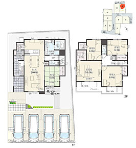 5LDK＋Wウォークインクローゼット＋玄関収納＋パントリー＋ランドリースペース
駐車4台分

玄関収納の奥にパントリーを配置。重い荷物もそのままダイレクトにしまえます。生活動線に配慮し回遊性のある間取り。 