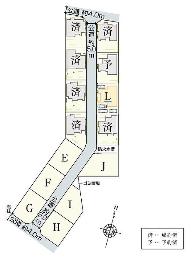 【全体区画図】
全14棟、敷地面積50坪以上、駐車台数4台が特徴の新しい街並みです。日当たりと風通しの良い高台の街！