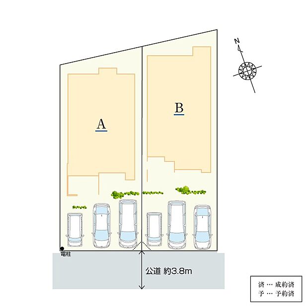 【全体区画図】
全2邸の分譲住宅です。名鉄バス「泉田町城前」停まで徒歩約9分で利用可能です。各棟並列3台駐車可能(車種による)。

