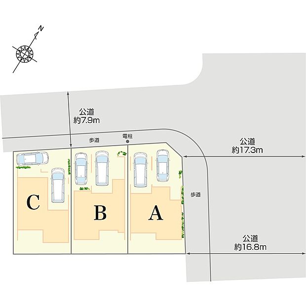 【全体区画図】
角地含む、全3棟の新築分譲住宅です。全棟駐車2台可能。前面道路は7m以上&歩道が整備されており、お子様との散歩や通勤通学も安心できるポイントです!
