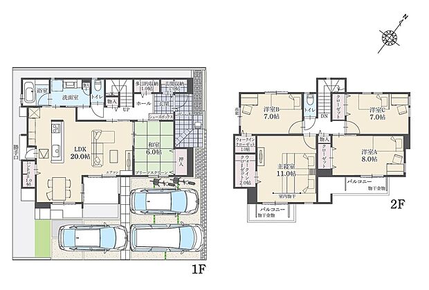 【5LDK】5LDK+多目的収納+Ｗウォークインクローゼット+玄関収納+パントリー
駐車3台可
※延床面積にバルコニー面積の一部(0.53m2)含む

回遊性のあるペニンシュラキッチン！