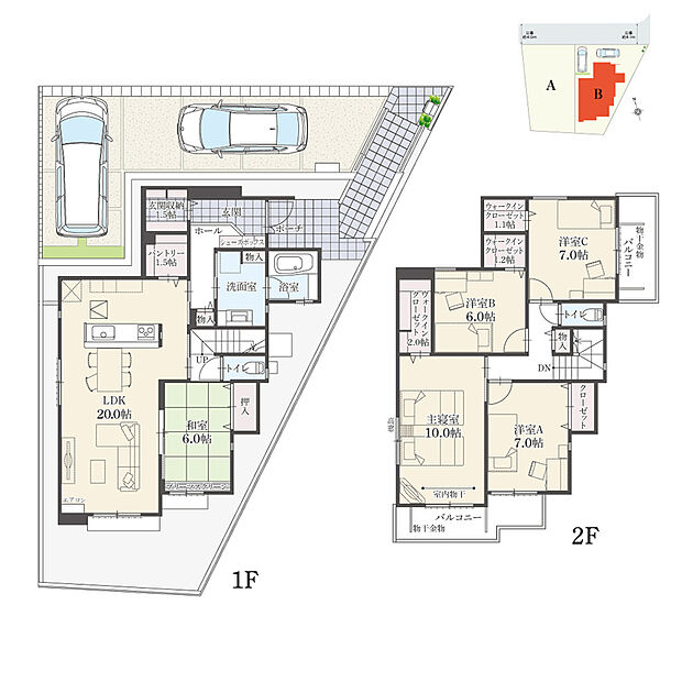 【5LDK】5LDK+3ウォークインクローゼット+玄関収納+パントリー
駐車2台可

リビングスルー階段を採用した、コミュニケーションを育みやすい間取り。南側・東側の2面バルコニー付きです。