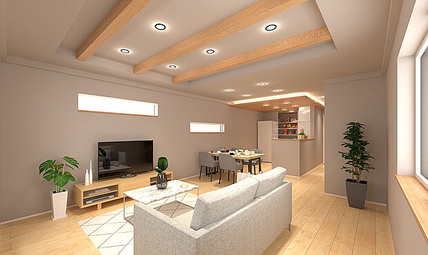 【No.5/完成予想CG】木の温もりを感じる折上天井。約19帖のリビング・ダイニング・キッチンには、折り上げ天井を施すことにより、くつろぎのスペースを演出しました。