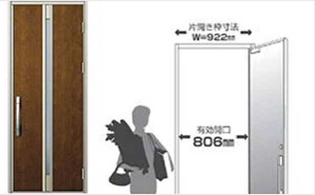 【玄関ドア｜ワイドサイズな玄関ドアワイドサイズな玄関ドア】片引きでの標準サイズでの有効開口806mm。大きな荷物の出し入れも余裕をもって行う事ができます。