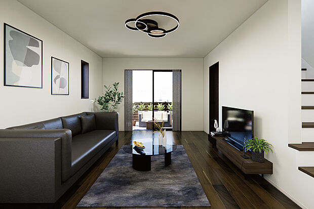 人気の縦長リビングを採用し、キッチン・ダイニング・リビングが一直線につながる設計に◎どこにいてもお子様の様子を見守れる安心の間取りです。/1号地完成予想パース