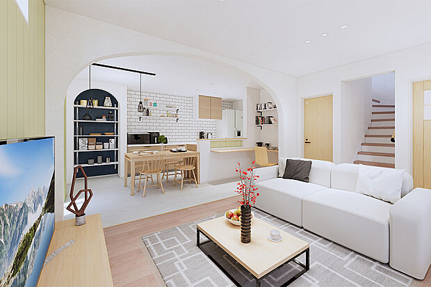 キッチン横に配置されたダイニングは、配膳・片付けの動線が短くなり家事・育児で忙しい奥様には嬉しい設計!R垂れ壁が緩やかに空間を仕切り、部屋全体に視覚的な広がりを与えます♪/11号地建物プラン例