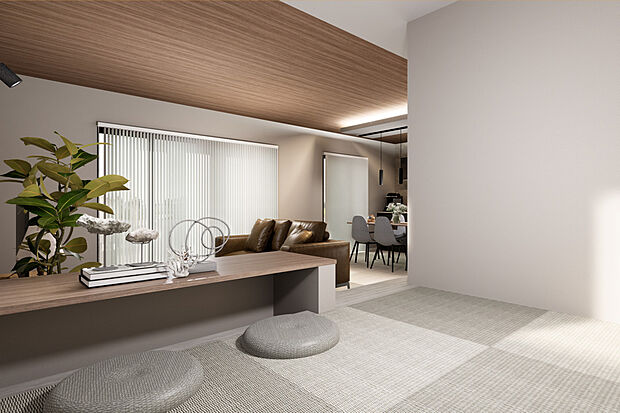 小上がり畳コーナーのある4LDKです。オープンな空間で家族のコミュニティーを創り出します◎カウンター付きが嬉いポイント♪/1号地完成予想パース