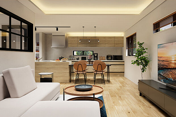 折上げ天井と天井を照らすコーブ照明が広がりのある空間を演出してくれます◎強い眩しさなどを感じにくく、空間全体を明るくしてくれるのがうれしい♪／1号地完成予想パース