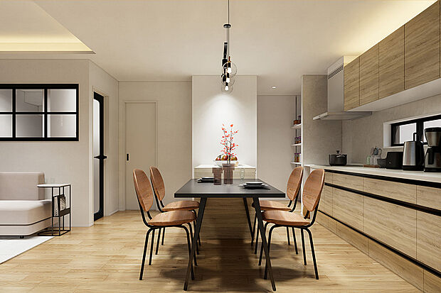 シンクとキャビネットが並列しているキッチンレイアウトのII型キッチンです◎作業スペースが広く、複数人やお子様と並んで調理をすることができます♪／1号地完成予想パース