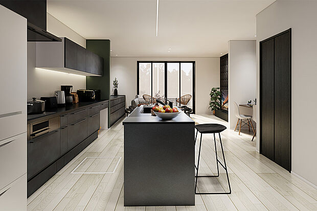 シンクとキャビネットが並列しているキッチンレイアウトのII型キッチンです◎作業スペースが広く、複数人やお子様と並んで調理をすることができます♪／1号地建物完成予想パース