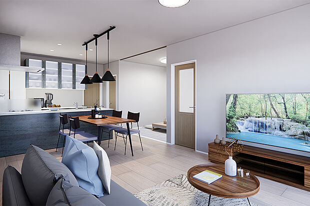 【【シンプルモダン】家事動線を意識した水廻り短縮プランを採用♪】ダイニング、リビングで過ごすご家族とコミュニケーションを取りながら家事を進めることができ、毎日の洗い物や食事の用意も楽しいひとときに。/4号地完成予想パース