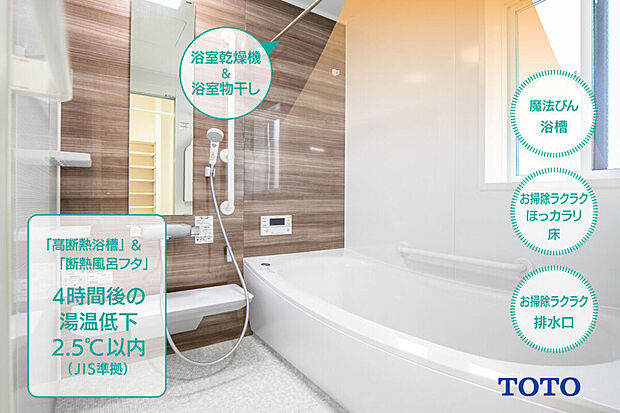 【保温浴槽でいつでもポカポカ】保温効果が高いから、追い焚きの回数が減り、光熱費も節約。
お掃除ラクラクほっカラリ床は、内側にクッション層を持っており、冬場の一歩目もヒヤッとしません♪
もちろん、浴室暖房と浴室物干しは標準装備です。
※デザインが異なります