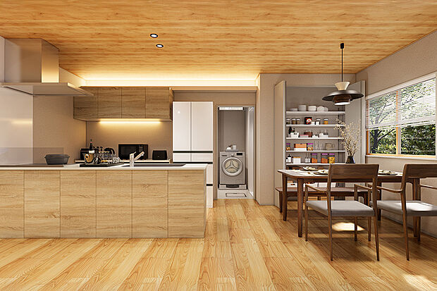 【大容量パントリー】ダイニングに併設されたパントリー。食器はもちろんのこと保存食の収納など、用途は自由。目が届く場所だからこそ、たっぷりの収納で見た目をスッキリさせます。／2号地内観完成予想パース