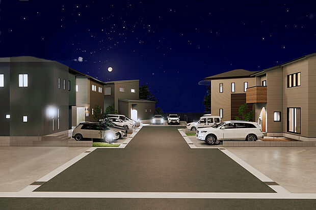 【夜街並パース】団地内道路は広々6m~10m!駐車がしやすく、車の行き交いも楽々♪子供が安全に健康に成長できる環境を提供し、子育てに集中できるような快適な暮らしをご提案☆