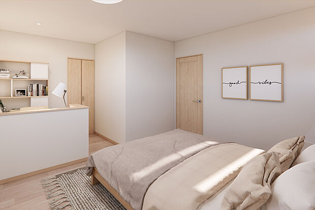 【2F主寝室|便利なカウンター付き】8.96帖の2F主寝室はカウンター付き。ちょっとした読書スペースや服をたたむスペースとして有効活用できます。/2号地完成予想パース