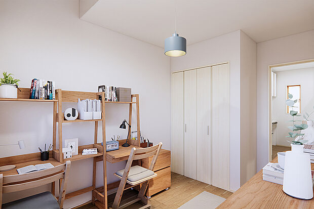 【洋室|充実収納あり!】子供部屋としてオススメの4.6帖超の洋室が3部屋あります♪
各居室も一つ一つの収納が奥行・幅とも充分に取られていますので、お部屋もスッキリ!/26号地完成予想パース