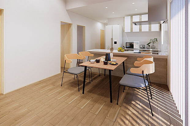 【キッチン|対面キッチン】対面キッチンはリビング全体に目が届くのでお子様を見ながらの家事も安心です。/26号地完成予想パース